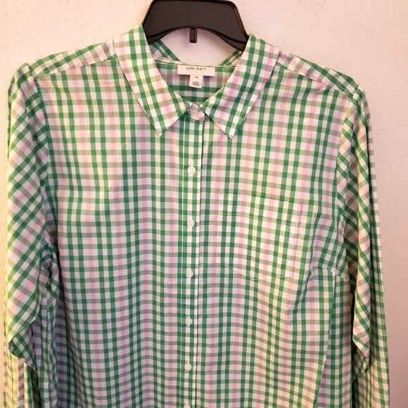 On 34th Gingham Green & Pink 100% Cotton Long Sleeve Button Up Size 2X NWT - Picture 2 of 9